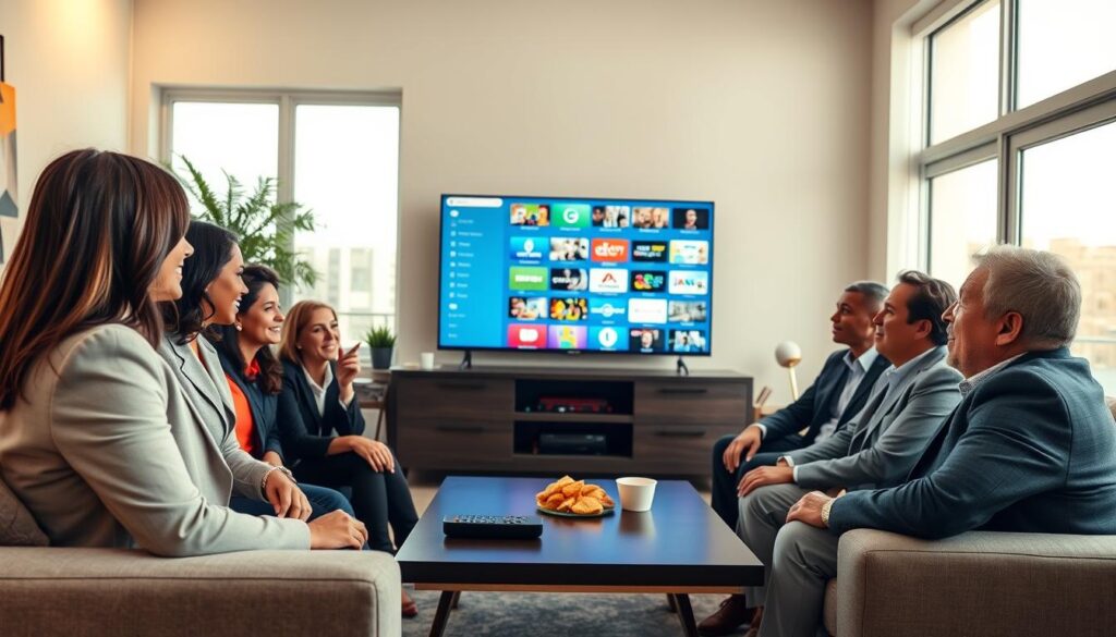 A cozy living room setting, showcasing a comfortable sofa with a stylish coffee table in front, adorned with snacks and a remote control. In the foreground, a group of diverse, professionally dressed adults, including a woman in smart casual attire and a man in a blazer, are engaged in an animated discussion about their experiences with GoFast IPTV. Their expressions depict excitement and satisfaction. In the middle ground, a large flat-screen TV displays a vibrant interface of streaming options with colorful thumbnails representing various channels. Soft, warm lighting envelops the room, creating an inviting atmosphere, while large windows in the background allow natural light to flood in, enhancing the mood of relaxation and enjoyment. The overall ambiance reflects a friendly gathering focused on shared entertainment.