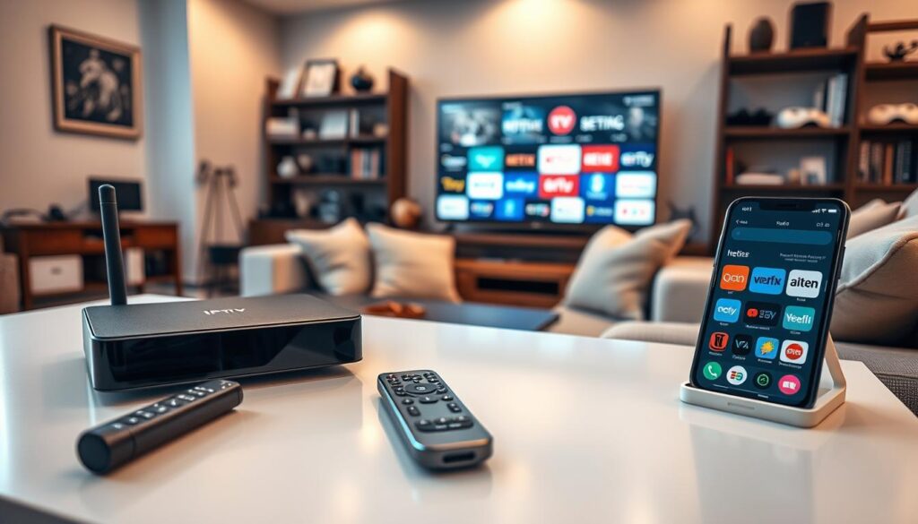 A cozy living room setting showcasing essentials for IPTV viewing. In the foreground, a modern IPTV set-top box sits on a sleek coffee table alongside a remote control and a smartphone displaying a streaming app. In the middle ground, a comfortable sofa with soft, inviting cushions faces a large flat-screen TV displaying colorful streaming service logos. The background features a well-decorated wall with a bookshelf filled with tech gadgets and entertainment guides. Soft, warm lighting fills the room, creating a relaxed atmosphere. The angle is slightly above eye-level, capturing both the engaging setup and the ambiance of a home entertainment space.
