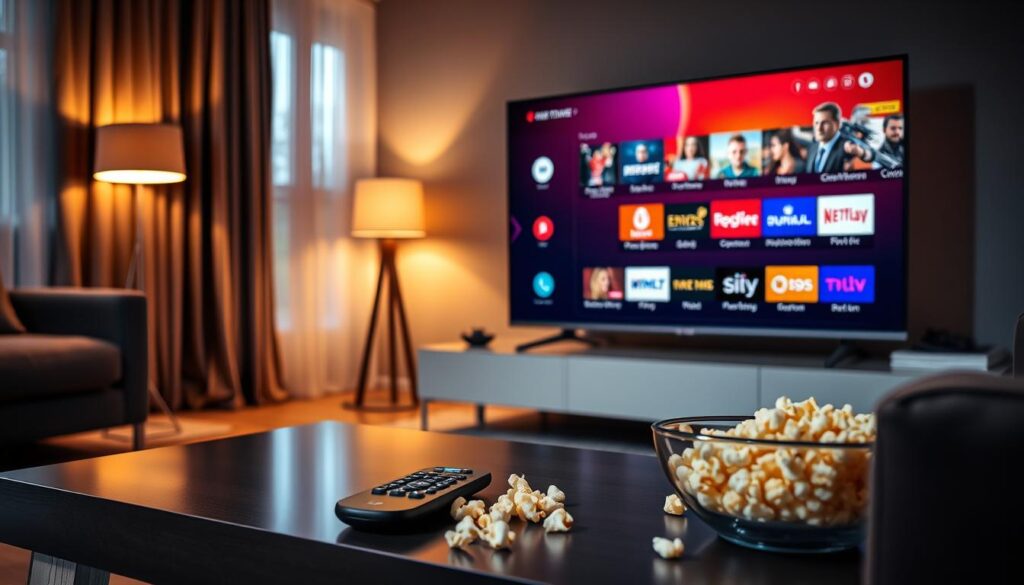 A cozy living room setting that highlights various IPTV interfaces on a modern television screen, featuring vibrant visuals of Dutch TV programs. In the foreground, a stylish coffee table displays a remote control next to a bowl of popcorn, inviting viewers to enjoy their viewing experience. The middle ground showcases a sleek flat-screen TV with an interactive IPTV interface, displaying icons for popular Dutch channels. In the background, a soft-lit ambiance creates a relaxing environment, with warm lighting from a nearby floor lamp and curtains partially drawn. The overall mood is inviting and comfortable, suggesting a perfect evening of entertainment at home. The image should be well-composed, using a wide-angle lens effect to capture the entire scene.