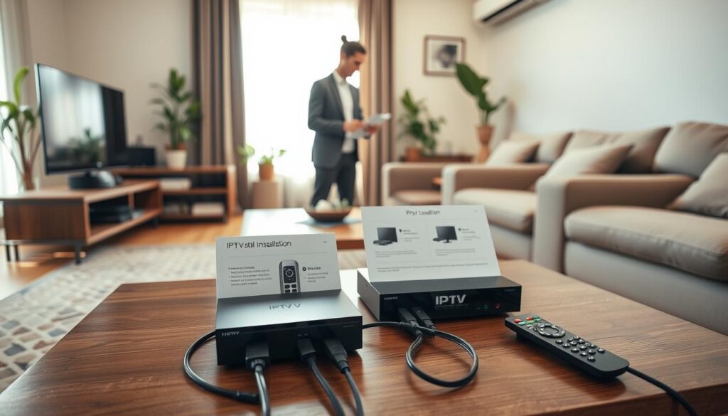 A cozy living room setup featuring a step-by-step installation process of an IPTV device. In the foreground, a neatly arranged coffee table with the IPTV box, cables, remote control, and a user manual open, displaying easy installation steps. In the middle, a person in smart casual clothing is connecting the box to a flat-screen TV and router, intently following the manual. The background showcases a comfortable sofa, houseplants, and bright natural light streaming through a window, creating an inviting atmosphere. Capture a clear, sharp focus on the installation process with a warm color palette and soft lighting to emphasize a friendly, homey vibe. The angle should be slightly elevated, providing a comprehensive view of the setup.