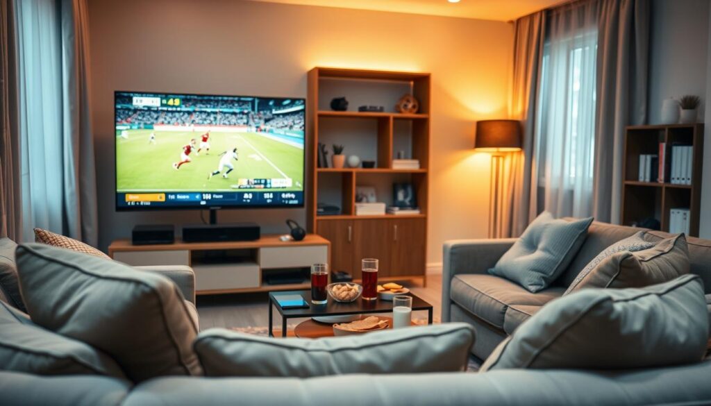 A cozy living room setup focused on an IPTV subscription experience featuring live sports and pay-per-view events. In the foreground, a modern flat-screen television displays an exciting live sports match, with vibrant colors and swift action. Comfortable seating surrounds the TV, including a sofa with plush cushions. In the middle ground, a small coffee table holds snacks and drinks, illuminated by soft, warm lighting to create an inviting atmosphere. The background shows a stylish bookshelf and a window with curtains subtly letting in natural light, enhancing a relaxed mood. Capture the scene from a slightly angled perspective, emphasizing the entertainment and cozy home environment without any people present.