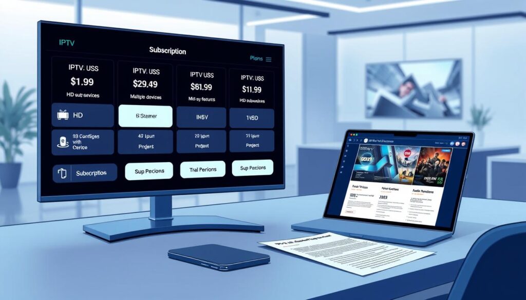 A detailed illustration depicting the pricing and subscription options of IPTV services. In the foreground, showcase a modern digital screen displaying various IPTV plans and their prices, with visually distinct icons representing features like HD streaming, multiple devices, and trial periods. The middle ground features a professional-looking desk with a laptop open to an IPTV service webpage, alongside printed documents outlining subscription details. In the background, a sleek, contemporary office environment with soft lighting enhances the atmosphere of a professional review setting. Use a neutral color palette with pops of vibrant blue and green to suggest technology. Capture the image from a slightly elevated angle, giving depth and clarity to the elements, while maintaining a calm and informative mood.