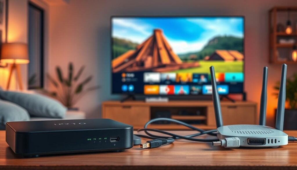 A detailed illustration representing the technical requirements for IPTV usage. In the foreground, showcase modern devices such as a sleek IPTV box, a high-definition television screen displaying vibrant streaming content, and a reliable router with visible indicators of connectivity. In the middle, include cables like HDMI and Ethernet, neatly arranged to emphasize connectivity. The background features a cozy living room setting with soft ambient lighting, creating a warm and inviting atmosphere. Use a wide-angle perspective to capture all elements harmoniously. Incorporate warm lighting effects to evoke a feeling of comfort and reliability, emphasizing the importance of a stable connection for streaming. The overall mood should be professional yet approachable, appealing to potential IPTV users.