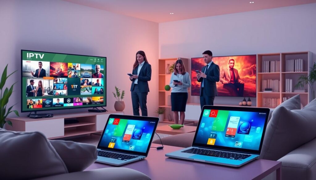 A detailed illustration showing the concept of IPTV in Holland, featuring various devices in use. In the foreground, a modern living room with a smart TV displaying an IPTV interface, showing vibrant streaming content. Two people in professional business attire, a man and a woman, interact with a tablet and a smartphone, demonstrating the versatility of IPTV across devices. In the middle, include a laptop open on a coffee table, also connected to IPTV, with colorful streaming visuals. The background showcases a cozy interior with soft lighting, a few plants, and bookshelves, creating a warm atmosphere. Use a slightly angled perspective to enhance depth, focusing on the technology's integration into daily life, showcasing stability and ease of use in streaming services.