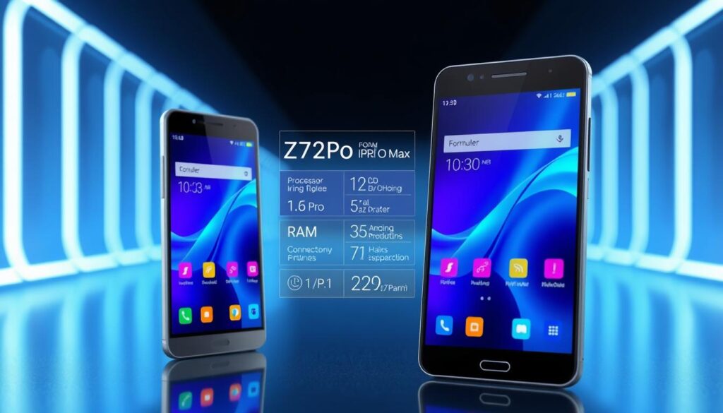 A detailed, modern digital illustration of the technical specifications of the Formuler Z11 Pro and Z11 Pro Max. In the foreground, display the sleek devices prominently with metal finishes and high-resolution screens, showcasing their unique features. In the middle ground, include a stylized infographic representation of specifications like processor speed, RAM, and connectivity options, all presented in vibrant colors. In the background, a subtle, futuristic setting with soft blue lighting enhances the technology theme. Use a shallow depth of field to focus on the devices while gently blurring the background. The atmosphere should be clean and professional, perfect for an informative article aimed at tech enthusiasts.