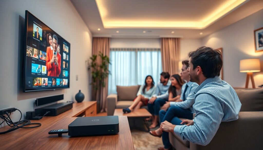 A detailed residential living room setup featuring a modern IPTV installation. In the foreground, showcase a sleek flat-screen TV mounted on the wall, displaying vibrant streaming content. To the side, a stylish media console with an IPTV set-top box, neatly organized cables, and a remote control. In the middle ground, capture a cozy couch with a family of four, dressed in smart casual clothing, attentively engaging with the IPTV setup. In the background, soft ambient lighting creates a welcoming atmosphere, highlighting tasteful decor and warm colors. The angle should be slightly elevated, offering a comprehensive view of the room, emphasizing both the technology and the family experience. The overall mood is inviting and informative, encouraging readers to envision their own IPTV installation at home.
