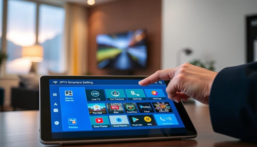 A detailed view of the IPTV Smarters Pro app interface displayed on a modern, sleek tablet. The foreground features a tablet with a vibrant screen showcasing the user-friendly layout of the IPTV Smarters Pro app, highlighting menus and icons for live TV, VOD, and settings in a visually appealing arrangement. In the middle ground, a user’s hand in professional business attire interacts with the app, emphasizing the app's functionality. The background is a softly blurred living room atmosphere with ambient lighting, suggesting a cozy, modern space conducive to streaming. The image conveys a sense of ease and innovation, perfect for exploring new entertainment options. Emphasize clarity, modern design, and a welcoming atmosphere.