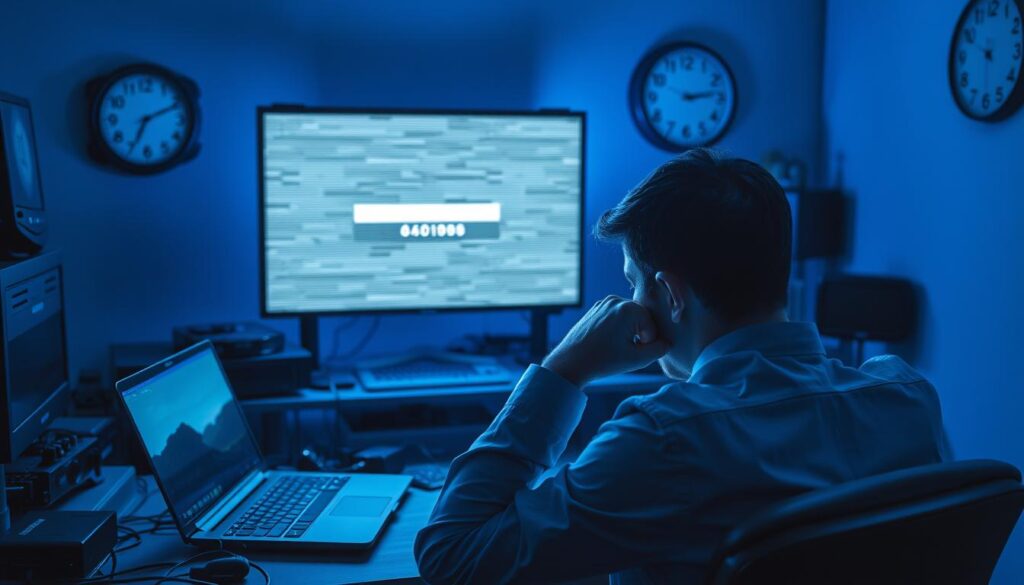 A dimly lit room depicting a worried individual sitting at a desk cluttered with electronics such as a laptop, modem, and cables, symbolizing the complexities of IPTV services. In the foreground, the person, dressed in professional business attire, is staring at the screen with a concerned expression, highlighting the risks associated with IPTV subscriptions. In the middle ground, a computer screen displays a glitchy image of a loading bar, suggesting interrupted service or potential security issues. The background features shadowy outlines of various media devices and a clock indicating late hours, adding a sense of urgency and anxiety. The overall mood is tense and cautionary, illuminated by a cold blue light, accentuating the theme of risk and caution in the digital age.