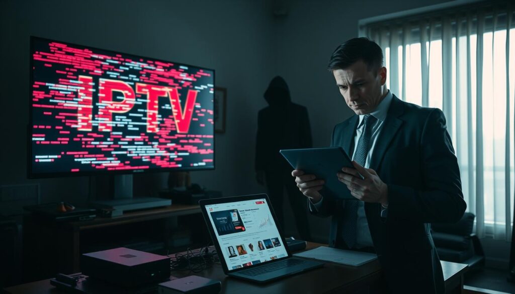 A dimly lit room with a large television displaying a glitching IPTV logo in the foreground. On one side, a concerned person in business attire is examining a tablet, showcasing charts and graphs that highlight IPTV risks, like buffering and legal issues. The middle ground features a cluttered desk with generic electronics and an open AliExpress webpage displaying IPTV subscriptions. In the background, a shadowy figure looms, symbolizing potential risks and negative consequences. The atmosphere is tense and cautionary, with soft shadows creating a sense of uncertainty. The image should be shot at a slight angle, using a shallow depth of field to focus on the concerned individual while blurring the background elements.