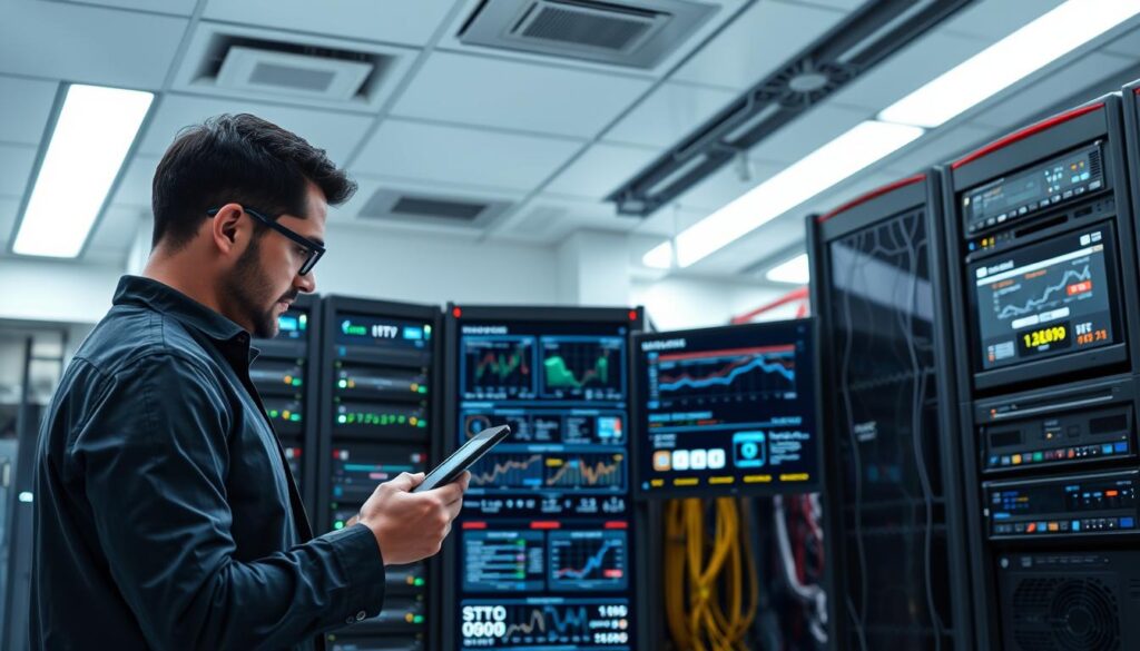 A futuristic IPTV server room, showcasing multiple high-performance servers stacked in sleek racks. The foreground features an engineer in professional attire, examining a server's specifications on a tablet, illuminated by soft, ambient LED lighting. In the middle, detailed screens display various streaming metrics and network analytics, with a focus on technical specifications like bandwidth, storage capacity, and processor capabilities. The background reveals a wall of diverse cabling, blending technological elegance with a hint of industrial grit, under bright, white overhead lights casting a sterile atmosphere. The overall mood is one of innovation and precision, emphasizing the advanced technology and design of modern IPTV solutions, without any text or distractions.