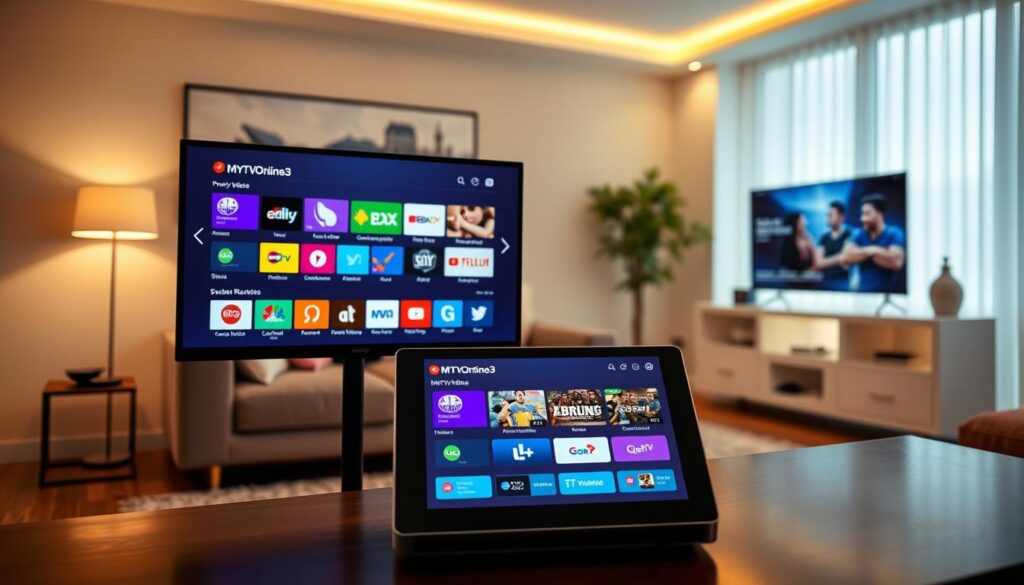 A high-definition image showcasing the MYTVOnline3 app interface displayed on a Formuler Z11 Pro and Z11 Pro Max IPTV devices. In the foreground, the sleek and modern design of the Z11 Pro and Z11 Pro Max is highlighted, their screens vibrant with the app interface open, featuring a user-friendly layout with colorful channels and options. In the middle ground, a cozy living room scene sets the atmosphere, furnished with a stylish sofa and a coffee table, creating a homely vibe. The background includes a softly lit TV stand, adding warmth to the ambiance with ambient lighting. The overall mood is inviting and technological, emphasizing the ease of use and modernity of the MYTVOnline3 app in a typical Dutch household.