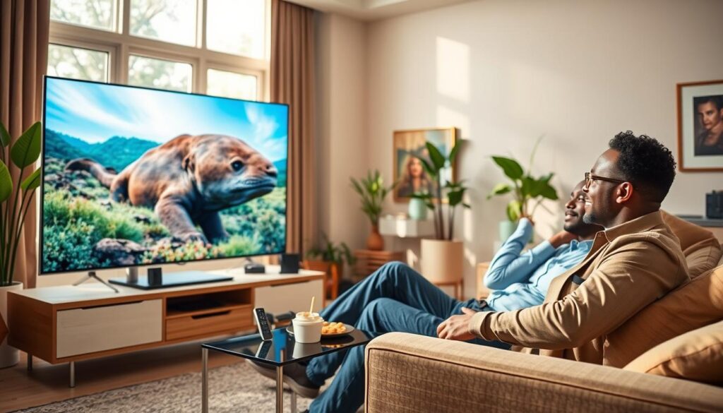 A high-definition living room scene showcasing the ultimate IPTV viewing experience. In the foreground, a sleek modern television displays vibrant, crystal-clear images of a nature documentary with rich colors and sharp contrast. A professional-looking person of diverse descent, dressed in business casual attire, sits comfortably on a plush sofa, absorbed in the screen, embodying satisfaction and enjoyment. In the middle ground, a stylish coffee table holds snacks and a remote control, while soft lighting enhances the cozy atmosphere. The background features a well-lit, tastefully decorated room with plants and artwork, emphasizing a premium viewing environment. Natural light filters in through large windows, creating a warm, inviting mood that underscores the theme of optimal image quality and stability. A high-definition living room scene showcasing the ultimate IPTV viewing experience. In the foreground, a sleek modern television displays vibrant, crystal-clear images of a nature documentary with rich colors and sharp contrast. A professional-looking person of diverse descent, dressed in business casual attire, sits comfortably on a plush sofa, absorbed in the screen, embodying satisfaction and enjoyment. In the middle ground, a stylish coffee table holds snacks and a remote control, while soft lighting enhances the cozy atmosphere. The background features a well-lit, tastefully decorated room with plants and artwork, emphasizing a premium viewing environment. Natural light filters in through large windows, creating a warm, inviting mood that underscores the theme of optimal image quality and stability.