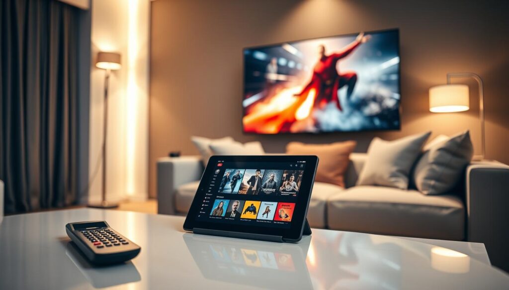 A high-quality IPTV subscription concept depicted in an elegant living room setting. In the foreground, a sleek, modern coffee table with a remote control and a stylish tablet displaying IPTV interface showcasing vibrant streaming content. In the middle, a comfortable sofa adorned with plush pillows, and the glow of a large flat-screen TV mounted on the wall, showcasing a colorful and action-packed scene from a popular series. The background features soft lighting from floor lamps, creating a warm and inviting atmosphere. The overall mood is sophisticated yet relaxed, emphasizing the comfort of high-quality streaming experiences. Use a warm color palette and ensure the scene feels contemporary and stylish, with a focus on technological sophistication.