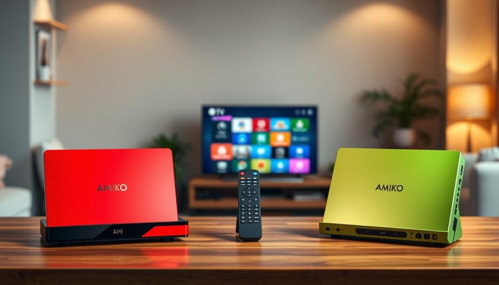 A high-resolution image showcasing three distinct Amiko IPTV boxes: the A9 Red, A11 Gold, and A14 Green models. In the foreground, feature the A9 Red on the left with its sleek design and vibrant red accents, the A11 Gold in the center with a luxurious gold finish, and the A14 Green on the right, emphasizing its eco-friendly appeal with a glossy green surface. The boxes are arranged on a wooden table for an elegant presentation. In the middle ground, include a high-tech remote control and a small flat-screen TV displaying an IPTV interface. The background should be softly blurred, suggesting a modern living room atmosphere with warm lighting and subtle furniture, creating an inviting and tech-savvy mood. Shot with a shallow depth of field to highlight the details of the boxes and accessories.