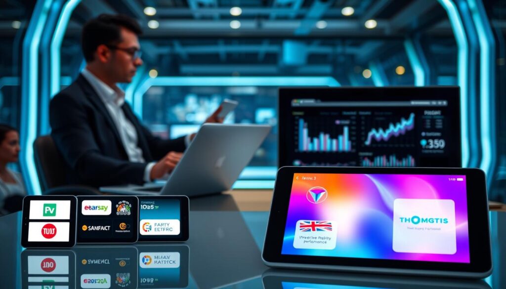 A high-tech comparison scene depicting IPTV Smarters Pro and its alternatives. In the foreground, a sleek, modern tablet displays the IPTV Smarters Pro interface, illuminated with vibrant colors, while next to it, shows logos of alternative IPTV services on smaller screens. In the middle ground, a professional business person in smart attire analyzes data on a laptop, showing graphs and statistics on IPTV performance. The background features a tech-savvy, futuristic environment, with soft blue and white lighting that creates an atmosphere of innovation and sophistication. Capture the contrast between the user-friendly interface of IPTV Smarters Pro and the more complex displays of its competitors, all while maintaining a clear and engaging composition.
