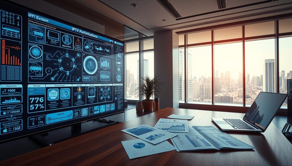 A high-tech visualization of IPTV specifications, showcasing a sleek, modern digital interface displayed on a large screen in a sophisticated office environment. In the foreground, intricate technical diagrams and data flow charts are neatly arranged, with indicators illustrating bandwidth, resolution, and device compatibility. The middle layer features a professional setting with a polished wooden desk, a laptop open to IPTV performance metrics, and scattered documents with graphs and figures. In the background, large windows reveal a cityscape bathed in natural daylight, creating a vibrant atmosphere. The scene is captured with a wide-angle lens to emphasize depth, with soft, diffused lighting for clarity and professionalism, evoking a mood of innovation and reliability in digital technology.