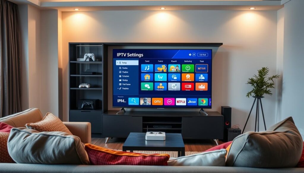 A living room scene featuring a smart television displaying the settings of an IPTV application on its screen. In the foreground, a comfortable sofa with colorful cushions is positioned facing the TV, along with a coffee table. The TV screen shows a user-friendly IPTV setup interface, complete with vivid icons and menus. In the middle ground, a modern entertainment center houses various electronic devices like a streaming box and a game console. The background includes a stylish bookshelf and subtle ambient lighting that lends a warm and inviting atmosphere to the room. The overall mood is relaxed and tech-savvy, perfect for a family setting. Ensure the lighting is soft yet bright enough to highlight the details on the TV screen, creating a clear focal point.