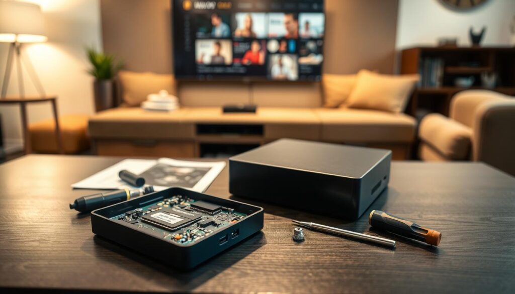 A modern Android TV box set on a sleek, dark wooden desk in a cozy living room setting. In the foreground, the box is open with the RAM and storage chip clearly visible, showcasing the internal components in vibrant detail. Surrounding the box are various tools like a screwdriver and installation guide, emphasizing the memory expansion process. In the middle ground, a well-lit flat-screen TV displays content, contributing to a homey atmosphere. The background features a comfortable couch and soft ambient lighting, creating a warm and inviting mood. The angle of the shot is slightly above eye level, allowing a clear view of the box and its components, while soft shadows add depth to the scene. The image conveys a sense of ease and accessibility in upgrading technology.