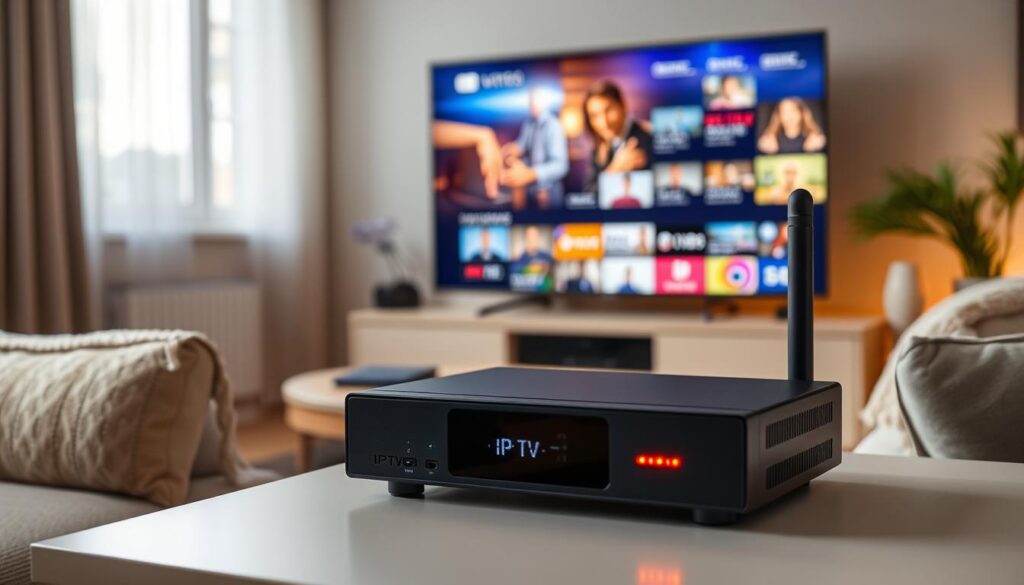 A modern IPTV Wi-Fi box displayed prominently in the foreground, with its sleek design and glowing LED indicators. Surrounding it, a cozy living room scene featuring a flat-screen TV showcasing vibrant streaming content, soft cushions, and a warm ambiance. In the background, a window allows soft, natural light to filter in, creating a welcoming atmosphere. Include subtle details like a smartphone and tablet on the coffee table, symbolizing connectivity. The composition should have an inviting feel, emphasizing comfort and modern technology. Capture the scene from a slightly elevated angle to provide a comprehensive view of the space, ensuring clarity of the IPTV box while highlighting its advantages for a smooth TV-watching experience.