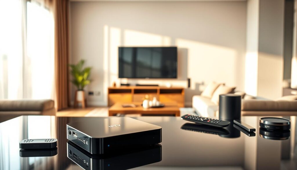 A modern IPTV WiFi box showcased on a sleek, reflective surface in a well-lit living room setting. In the foreground, the box is elegantly designed with a glossy black finish, displaying clearly visible LED indicators. The middle ground includes a cozy couch and a flat-screen TV, symbolizing an ideal home entertainment environment. The background features soft, warm lighting from a window, creating an inviting atmosphere. Natural light filters through sheer curtains, casting gentle shadows. Various tech gadgets, like a remote and smart speaker, complement the scene subtly. The image captures the essence of advanced technology, aiming to evoke feelings of comfort and modernity, focusing on the box's specifications and its significance for stable TV viewing at home.