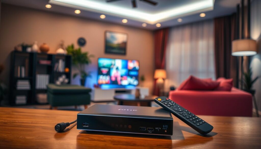 A modern IPTV box displayed prominently in the foreground, showcasing its sleek design with various ports and a remote control beside it. The middle ground features a vibrant living room setup, including a cozy sofa, a flat-screen TV showing streaming content, and stylish decor. Dim ambient lighting creates a warm atmosphere, hinting at a relaxed evening at home. In the background, subtle details like a bookshelf and indoor plants add to the inviting setting. The scene is captured from a slightly angled perspective, providing depth, as if inviting the viewer to explore the world of IPTV options. Focus on clarity and realism, evoking a sense of comfort and modern technology in everyday life.