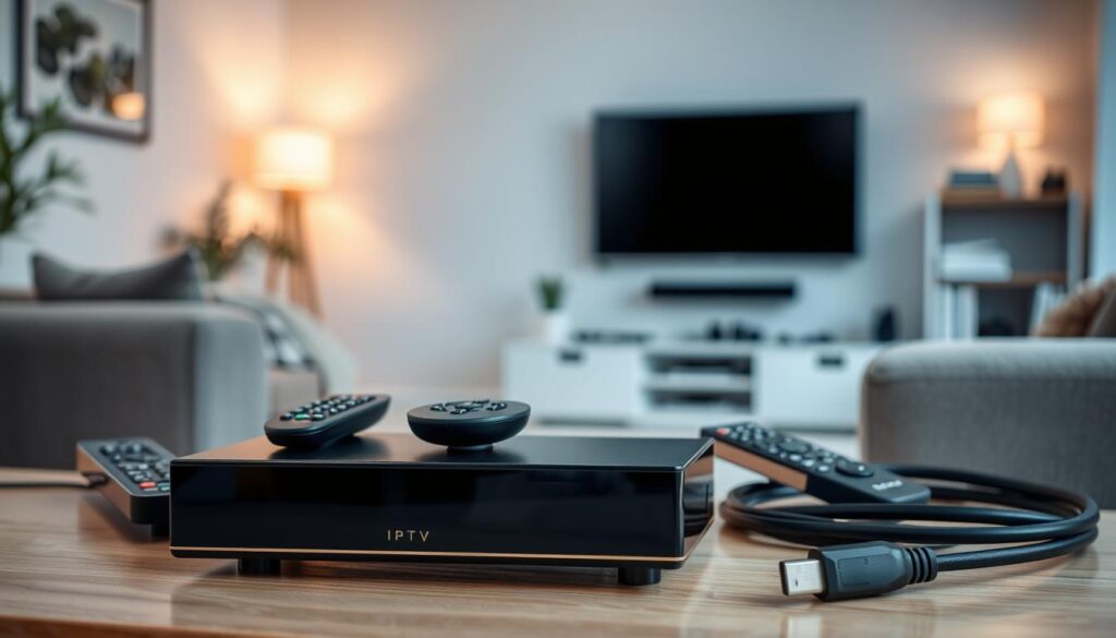 A modern IPTV box prominently displayed in the foreground, featuring sleek lines and a glossy black finish, adorned with LED indicators glowing softly. Surrounding the IPTV box are remote controls, a coaxial cable, and a high-definition HDMI cable, emphasizing convenience and ease of use. In the middle ground, a stylish living room setting showcases a plush sofa in neutral tones and a large flat-screen TV displaying static content. The background features softly blurred elements like a bookshelf with decorative items and subtle lighting fixtures that create a warm, inviting ambiance. The overall mood is cozy and relaxed, suggesting a perfect setup for effortless television viewing. Use soft, natural lighting, with a slight vignette effect to draw focus to the IPTV box, captured from a slightly elevated angle to highlight its design.