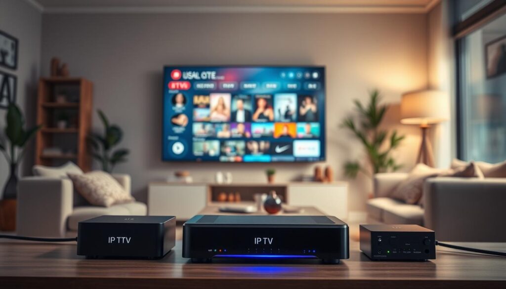 A modern IPTV box setup, prominently displayed in the foreground, showcasing sleek and stylish devices with vibrant LED lights indicating power status. In the middle, a high-end television screen displays a user-friendly IPTV menu interface, with colorful thumbnails of popular shows. The background features a cozy living room environment with soft lighting, plush furniture, and decorative plants, creating a warm and inviting atmosphere. The scene is captured from a slightly elevated angle, giving a comprehensive view of the setup. Soft, diffused lighting enhances the cozy mood, while maintaining clarity and focus on the devices. The overall ambiance reflects a cutting-edge yet comfortable home entertainment experience in 2025.
