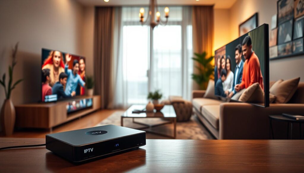 A modern IPTV player displayed prominently in the foreground, showcasing its sleek design and vibrant screen, projecting a clear image of a popular TV series. The middle ground features a stylish living room setup, complete with a cozy sofa, decorative cushions, and an elegant coffee table, creating an inviting atmosphere for viewers. The background reveals a well-lit room with soft, warm lighting and a large window allowing natural light to filter in. The overall mood is relaxed and enjoyable, ideal for a stable and clear television viewing experience. Capture the scene from a slight angle to emphasize depth, using a warm color palette to evoke comfort and entertainment. A modern IPTV player displayed prominently in the foreground, showcasing its sleek design and vibrant screen, projecting a clear image of a popular TV series. The middle ground features a stylish living room setup, complete with a cozy sofa, decorative cushions, and an elegant coffee table, creating an inviting atmosphere for viewers. The background reveals a well-lit room with soft, warm lighting and a large window allowing natural light to filter in. The overall mood is relaxed and enjoyable, ideal for a stable and clear television viewing experience. Capture the scene from a slight angle to emphasize depth, using a warm color palette to evoke comfort and entertainment.