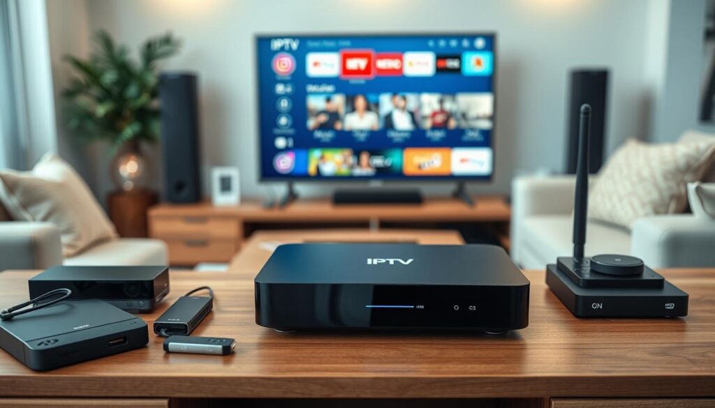 A modern IPTV set-top box placed on a sleek wooden entertainment center, surrounded by an array of multimedia devices like a streaming stick, DVD player, and gaming console. In the foreground, the set-top box is highlighted, with soft diffused lighting illuminating its sleek design and prominent logo. The middle ground features a stylish flat-screen TV displaying a vibrant interface with various streaming options. In the background, cozy living room elements like a couch adorned with cushions and a coffee table create an inviting atmosphere. The scene conveys a sense of comfort and modernity, emphasizing the convenience and enjoyment of home entertainment. The focus should be sharp on the IPTV box, with a soft blur on the background items, suggesting a professional, contemporary home setting.
