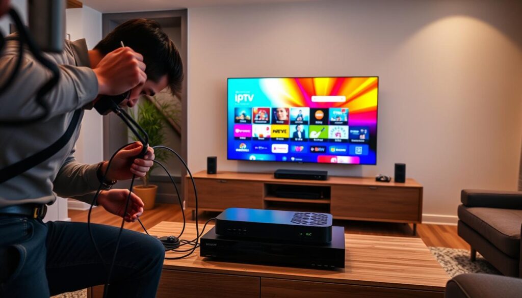 A modern and sleek living room setup featuring multiple IPTV boxes being installed. In the foreground, a person in professional attire is carefully connecting cables and adjusting the devices, showcasing attention to detail. The middle layer includes several IPTV boxes of varying designs and sizes on a stylish media console, with vibrant LED indicators lit up. The background features a large flat-screen TV displaying a colorful streaming interface, casting a warm glow around the room. Soft, ambient lighting creates a welcoming atmosphere, while a wide-angle perspective captures the entire installation scene, emphasizing a cozy and tech-savvy environment.