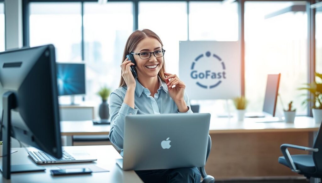 A modern customer service office environment for GoFast IPTV. In the foreground, a professional customer service representative wearing business attire, engaged in a friendly conversation on the phone, with a laptop and headset on the desk. In the middle, a clean and organized workspace with the GoFast IPTV logo subtly displayed on a promotional poster. The background features bright, natural lighting coming through large windows, giving a warm and inviting atmosphere. Soft blue tones dominate the decor, evoking a sense of trust and reliability. The overall mood is professional and approachable, illustrating excellent support and customer care. No text or logos other than the promotional poster.