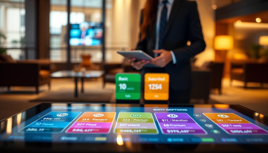 A modern digital display showcasing various IPTV subscription options and pricing plans. In the foreground, a sleek touchscreen table with colorful graphics of different subscription packages, highlighting features like "Basic", "Standard", and "Premium". The middle layer features a person dressed in professional business attire, consulting with a tablet, appearing engaged in the selection process. The background shows a contemporary lounge area with soft, ambient lighting, emphasizing a tech-savvy atmosphere. Use a shallow depth of field to focus on the subscription options while softly blurring the background elements. The mood should be informative and inviting, appealing to viewers exploring their streaming choices.