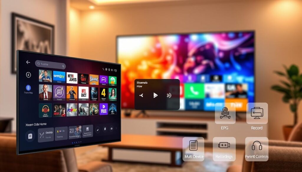 A modern digital interface showcasing the key features of Xtream Codes IPTV. In the foreground, display a sleek, user-friendly IPTV dashboard filled with vibrant thumbnails of channels, organized categories, and an intuitive navigation bar. In the middle ground, incorporate elements such as a control panel with streaming options, a visual representation of multi-device compatibility, and icons symbolizing features like EPG, recording capabilities, and parental controls. The background should feature a softly blurred living room setting with a large flat-screen TV displaying a colorful screen of streaming content. Use warm, inviting lighting to create a comfortable atmosphere, capturing the essence of modern home entertainment. The angle should be slightly elevated to provide a comprehensive view of the digital interface and its surroundings, embodying a sense of innovation and accessibility.