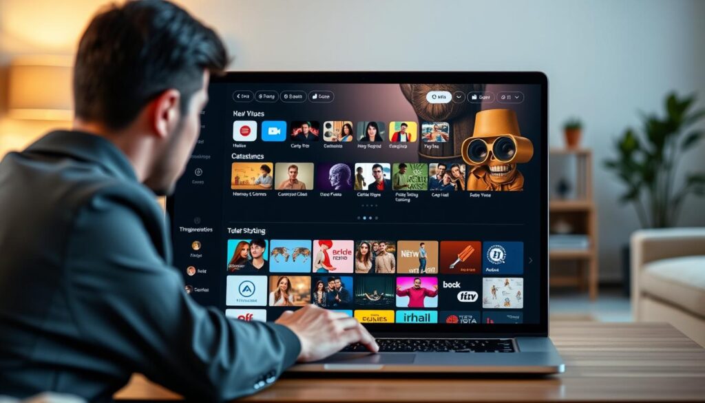 A modern digital workspace featuring a laptop displaying a user-friendly interface for managing IPTV playlists and channels. In the foreground, a person in smart casual attire interacts with the screen, focused and engaged. The middle layer showcases the vibrant, intuitive dashboard filled with colorful icons representing various channels and playlists, highlighting the features of easy navigation and organization. The background reveals a cozy, well-lit room with minimalist decor, emphasizing a relaxed yet productive atmosphere. Soft, warm lighting enhances the inviting mood, while a slight depth of field creates a sense of focus on the task at hand. The scene captures the essence of seamless digital entertainment management.