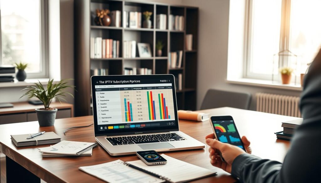 A modern digital workspace featuring a sleek desk with a laptop open to a comparison chart of IPTV subscription prices, showcasing a variety of market options with colorful graphs and data visualizations. In the foreground, a business professional in smart casual attire is analyzing the data, surrounded by notepads and a smartphone displaying market trends. The middle ground highlights an elegant bookshelf filled with tech-related books and a small indoor plant, adding a touch of greenery. In the background, a large window lets in natural light, illuminating the scene and creating a warm, productive atmosphere. The overall mood is informative and focused, emphasizing research and analysis in the IPTV market.