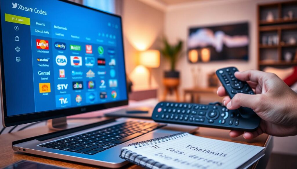 A modern digital workspace showcasing a computer screen displaying the latest Xtream Codes IPTV interface with vibrant colors and clear, organized menu options. In the foreground, a sleek laptop is open with a notepad beside it, highlighting various TV channels from the Netherlands. In the middle ground, a hand is adjusting settings on a remote control, symbolizing user interaction. The background features a cozy living room setting with soft ambient lighting, creating a warm and inviting atmosphere. The entire scene should be well-lit with a focus on the screen to emphasize the IPTV codes, while the overall mood remains professional and engaging, inviting viewers into the world of IPTV technology.