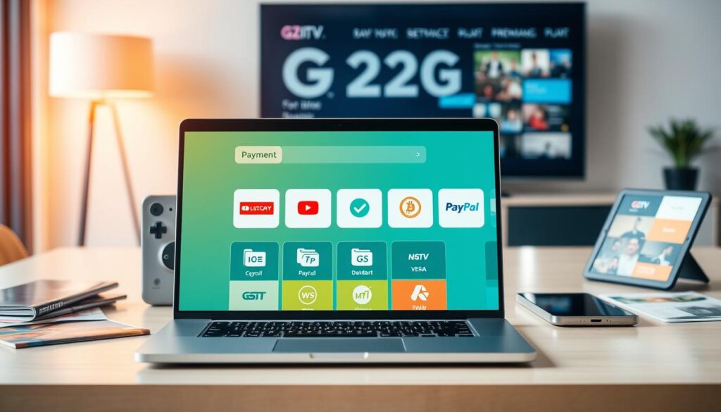 A modern digital workspace showcasing various payment options for G2G IPTV services. In the foreground, a sleek laptop displays a vibrant user interface with icons representing different payment methods such as credit cards, PayPal, and cryptocurrencies. Surrounding the laptop are various devices like a smart TV and tablet, emphasizing the streaming aspect. The middle ground includes a stylish desk adorned with payment-related materials, such as brochures and pamphlets, while the background hints at a contemporary office environment with soft, warm lighting creating an inviting and professional atmosphere. The overall mood is focused and sophisticated, capturing the essence of secure online payments and streaming service accessibility.