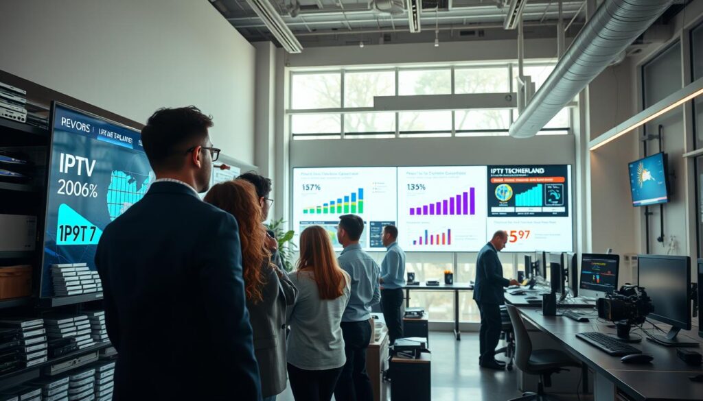 A modern, high-tech IPTV office environment bustling with activity, showcasing the essential features of an IPTV expert. In the foreground, a diverse group of professionals, dressed in business attire, engage in a collaborative discussion over a large digital screen displaying IPTV technology graphics. In the middle ground, shelves filled with IPTV equipment and user manuals are visible, alongside a sleek, futuristic workspace with computers and monitors showing streaming content. The background features a wall-mounted LED display showcasing vibrant charts and statistics related to IPTV growth in the Netherlands. Soft, natural lighting streams in from large windows, creating a knowledgeable and dynamic atmosphere. Use a wide-angle lens to capture the depth of the scene, emphasizing teamwork and innovation in IPTV services.