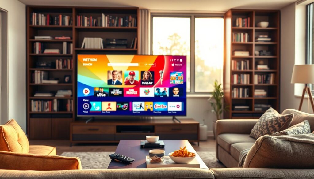 A modern home entertainment setup featuring a sleek television displaying high-definition IPTV channels. In the foreground, a stylish living room with a comfortable sofa and a coffee table adorned with a remote control and snacks. In the middle, the television screen shows vibrant, colorful IPTV content with various genres, highlighting the high quality of the streaming service. Soft, warm lighting illuminates the room, creating a cozy atmosphere. The background features bookshelves filled with various media, and a large window reveals a sunny day outside, enhancing the inviting feel. Capture this scene from a slightly angled perspective to emphasize depth and detail, ensuring a clean, professional look without any text or distractions.