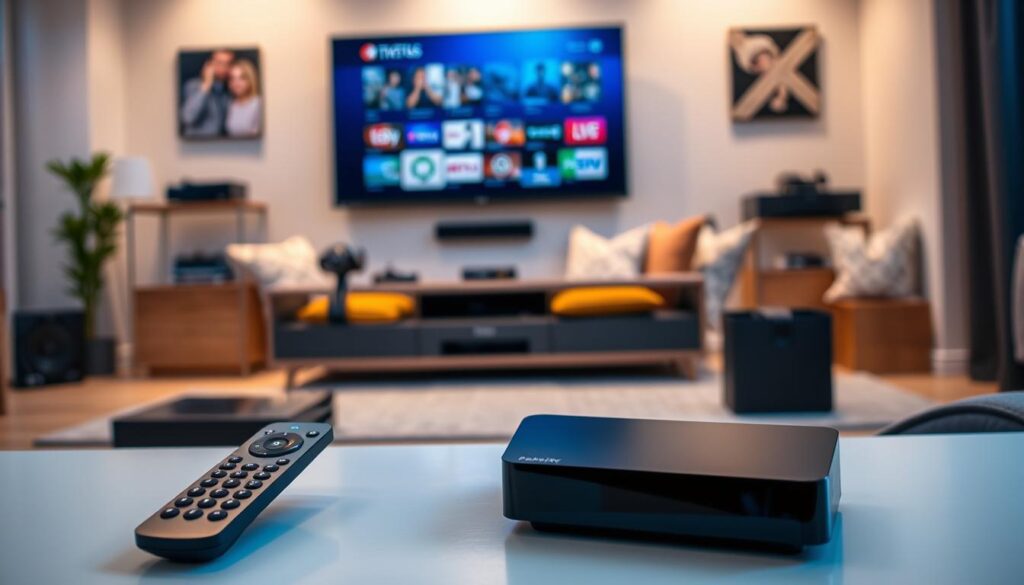 A modern home entertainment setup showcasing the best IPTV players and apps available in the Netherlands. In the foreground, a sleek black IPTV device sits prominently beside a stylish remote, with a glowing screen displaying a user-friendly interface of popular streaming apps. In the middle background, a large flat-screen TV is mounted on the wall, surrounded by various streaming devices and a cozy couch adorned with decorative pillows. Soft, ambient lighting creates a warm and inviting atmosphere, while the scene is captured from a slightly elevated angle to emphasize the organized layout. The overall mood reflects a blend of technology and comfort, appealing to viewers looking to enhance their home entertainment experience.