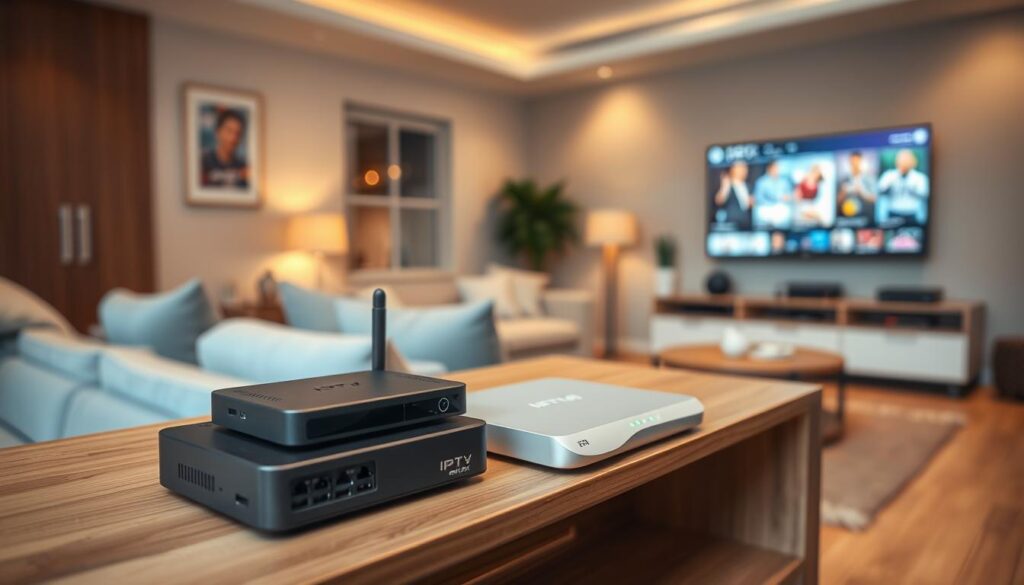 A modern home entertainment setup showcasing various IPTV boxes on a sleek, wooden shelf. In the foreground, place two different IPTV boxes side by side, one compact and stylish, the other larger with multiple ports visible. The middle ground features a cozy living room environment with a plush sofa, a stylish coffee table, and a flat-screen TV mounted on the wall, displaying vibrant streaming content. In the background, a softly lit room with warm ambient lighting creates a welcoming atmosphere. Use a shallow depth of field to focus on the IPTV boxes, enhancing their features while softly blurring the living room details. Aim for a warm, inviting mood that reflects comfort and modern technology in harmony.