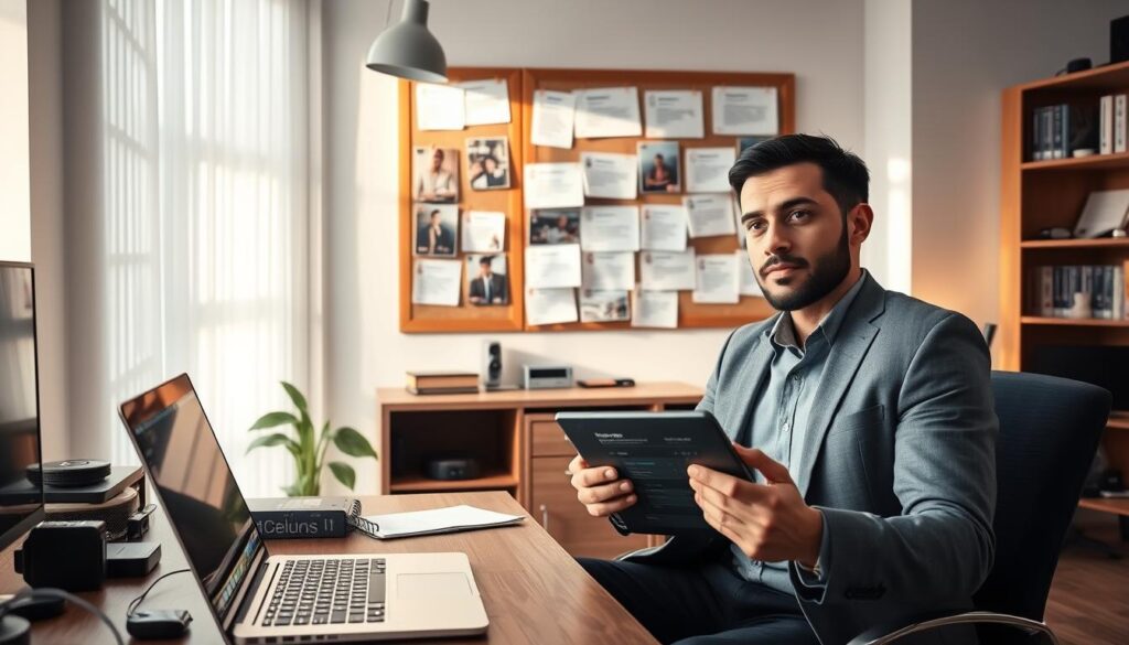 A modern home office scene showcasing a laptop displaying a user-friendly IPTV provider interface, reflecting a top review theme. In the foreground, a professional-looking individual in smart-casual attire sits at the desk with a thoughtful expression, holding a tablet with digital ratings. The middle ground features a bulletin board filled with pinned snapshots and user comments from Reddit about various IPTV services. In the background, soft sunlight filters through a window, illuminating a neat bookshelf with tech gadgets and device manuals. The atmosphere is informative and inviting, suggesting an engaging tech discussion. Employ a warm color palette to enhance the cozy yet professional vibe of the space.