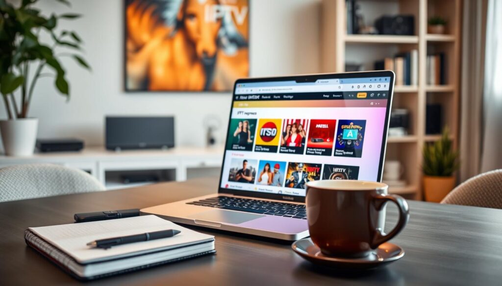 A modern home office setting showcasing a laptop displaying an AliExpress webpage loaded with IPTV subscription options. In the foreground, a neatly arranged desk with a stylish notebook, a steaming cup of coffee, and a smartphone beside the laptop. The middle layer features a vibrant, colorful screen displaying various IPTV plans with eye-catching images related to streaming services. In the background, soft-focus elements like a bookshelf filled with tech gadgets and a potted plant add a touch of warmth and homeliness. The lighting is bright and inviting, suggesting a productive atmosphere. A wide-angle view captures the essence of tech-savvy living, evoking feelings of convenience and modernity, while ensuring a professional and clean aesthetic throughout the composition.