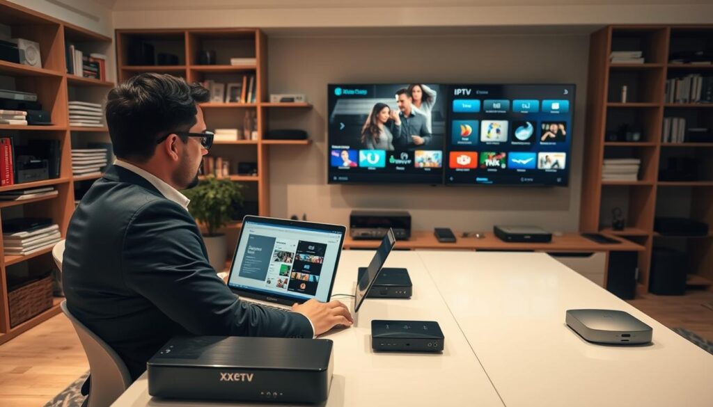 A modern home office setup showcasing the installation process of Xtream Codes IPTV. In the foreground, a focused individual, dressed in professional attire, is seated at a sleek desk, navigating a laptop with IPTV software open. Various electronic devices, including a smart TV and a streaming device, are neatly arranged on the desk. In the middle ground, a wall-mounted TV displays a vibrant interface of an IPTV service, with icons representing different channels. The background features bookshelves filled with technology manuals and devices, creating an organized and tech-savvy environment. Soft lighting highlights the space, creating a warm and inviting atmosphere, emphasizing a sense of productivity and efficiency in the installation process. The angle captures both the man and the TV, drawing attention to the IPTV setup.
