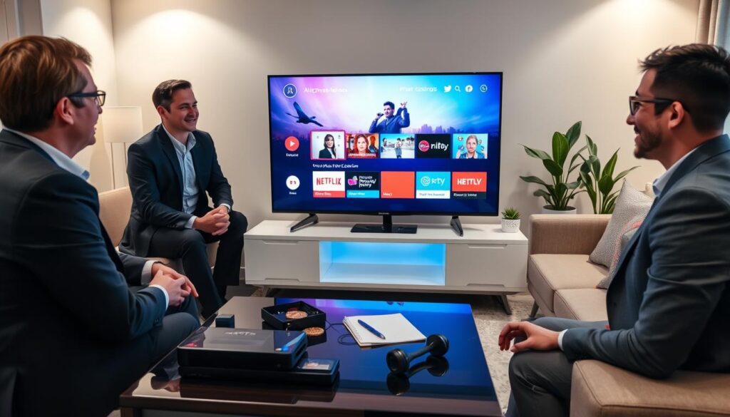 A modern living room environment, showcasing a sleek smart TV displaying a vibrant IPTV interface. In the foreground, a diverse group of three individuals, dressed in professional business attire, discussing their experiences with IPTV subscriptions from AliExpress. Their expressions convey engagement and satisfaction. The middle ground features a stylish coffee table with gadgets, a notepad with notes, and some snacks, adding a casual yet focused atmosphere. The background includes soft lighting illuminating the room, hinting at evening ambiance. A cozy sofa and decorative plants create a welcoming feel. The overall mood is informative yet relaxed, perfect for sharing insights on user experiences.
