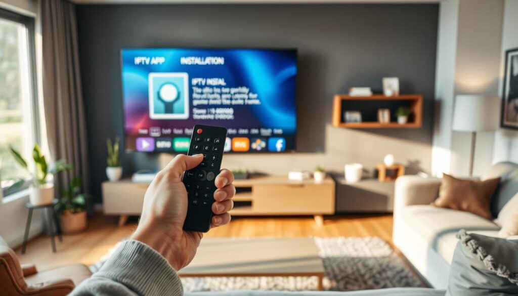 A modern living room featuring a large flat-screen television prominently displaying an IPTV app installation screen. In the foreground, a pair of hands delicately holding a remote control, poised to navigate the app installation process. The middle ground showcases the TV and a stylish entertainment unit, adorned with decorative items like plants and books. Soft natural light filters in through a nearby window, casting a warm glow on the scene. In the background, cozy furniture adds to the inviting atmosphere, with subtle details like a carpet and artwork on the walls. The overall mood is one of convenience and modern technology, emphasizing a seamless IPTV installation experience. The scene is presented from a slightly elevated angle, capturing both the screen and the user’s focused expression.