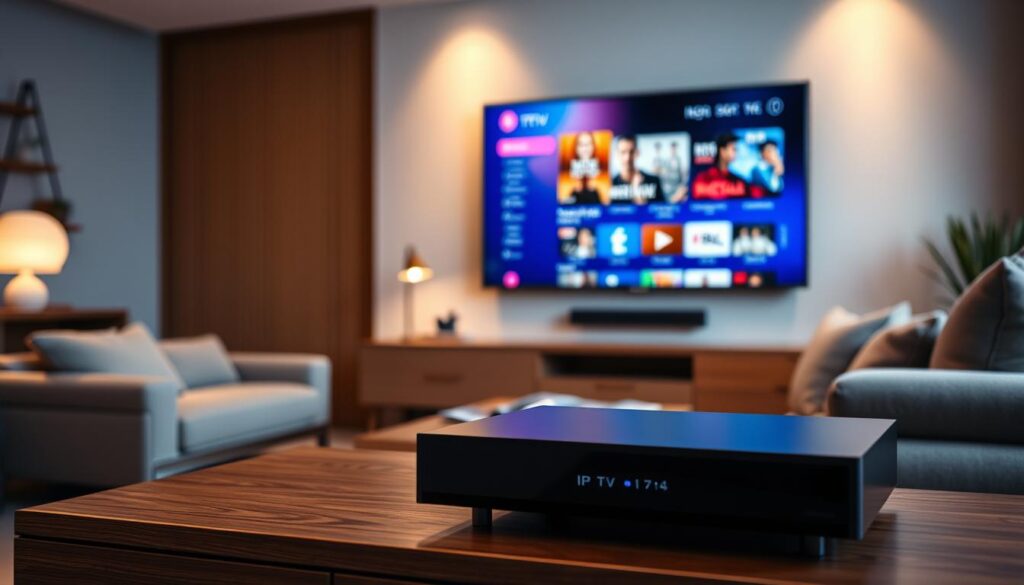 A modern living room featuring a sleek IPTV player prominently displayed on a stylish entertainment center. The foreground focuses on the IPTV player with illuminated control buttons, showcasing its modern design. In the middle, a large flat-screen TV is mounted on the wall, displaying vibrant, crystal-clear images of a streaming service interface. Soft ambient lighting enhances the room's warm atmosphere, creating an inviting vibe. The background features cozy furnishings, including a comfortable sofa with plush throw pillows and a coffee table adorned with magazines. The scene is captured with a slightly angled perspective, emphasizing depth and the harmonious arrangement of technology and comfort in the space. The overall mood is relaxed yet sophisticated, perfect for a quality viewing experience. A modern living room featuring a sleek IPTV player prominently displayed on a stylish entertainment center. The foreground focuses on the IPTV player with illuminated control buttons, showcasing its modern design. In the middle, a large flat-screen TV is mounted on the wall, displaying vibrant, crystal-clear images of a streaming service interface. Soft ambient lighting enhances the room's warm atmosphere, creating an inviting vibe. The background features cozy furnishings, including a comfortable sofa with plush throw pillows and a coffee table adorned with magazines. The scene is captured with a slightly angled perspective, emphasizing depth and the harmonious arrangement of technology and comfort in the space. The overall mood is relaxed yet sophisticated, perfect for a quality viewing experience.