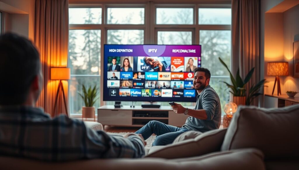 A modern living room featuring a user enjoying IPTV on a large, sleek flat-screen TV. The foreground shows a comfortable couch with cushions, and the user, a smiling individual in casual attire, is relaxing while holding a remote control. In the middle layer, the TV displays vivid visuals of high-definition channels, emphasizing clarity and variety. Surrounding the scene is a cozy atmosphere created by soft ambient lighting, with warm hues from lamps and natural light streaming in through large windows. The background includes tasteful decor like plants and art on the walls, enhancing the feeling of comfort and ease associated with IPTV usage. The overall mood is inviting and high-tech, highlighting the advantages of IPTV for users.