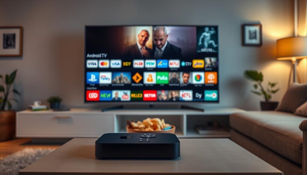 A modern living room featuring an Android TV box prominently displayed on a sleek, minimalist entertainment unit. In the foreground, a large flat-screen TV showcases an array of colorful app icons representing popular streaming services and entertainment options. Soft ambient lighting illuminates the room, creating a cozy atmosphere. In the middle, a stylish coffee table holds a remote control and a bowl of snacks, inviting leisure. The background includes a comfortable couch and decorative elements like plants and framed pictures, enhancing the relaxed vibe. The scene captures a sense of enjoyment and modern technology, depicting the endless entertainment possibilities available with an Android TV box.