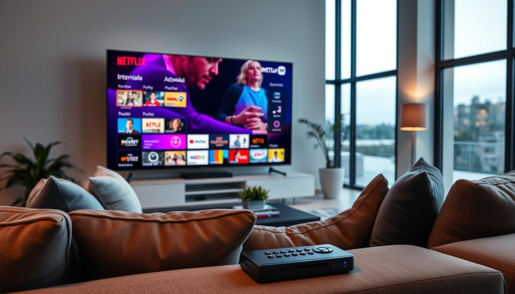 A modern living room featuring an elegant, sleek smart TV showcasing a vibrant and diverse array of international channels. In the foreground, a stylish, comfortable couch sits with a remote control and an IPTV streaming device on the coffee table. The middle ground includes soft ambient lighting, creating a cozy atmosphere, with plush pillows and a minimalistic decor. In the background, large windows allow natural light to filter in, revealing a serene outdoor view. The mood is inviting and professional, reflecting a sense of stability and choice in entertainment options. Use a wide-angle lens to capture the entire scene, ensuring the focus is sharp and colors are vivid.